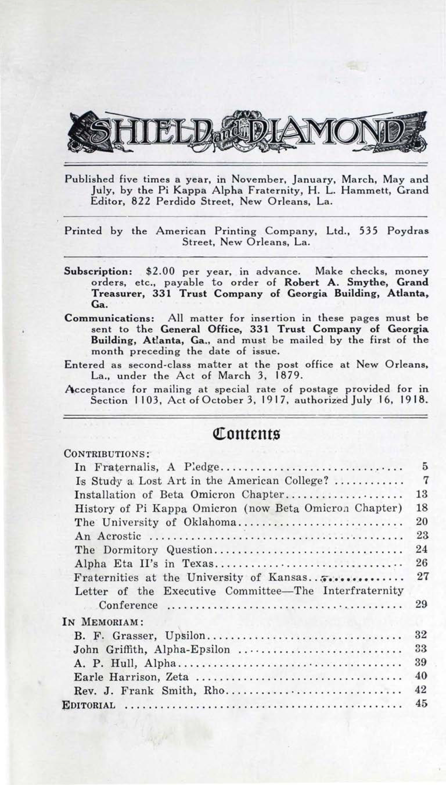 Shield and Diamond, Vol. 30, No. 1, November 1920
